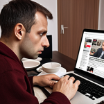 **A person critically evaluating online information on a laptop, surrounded by articles with sensational headlines, fact-checking tools, and sources being verified. The scene emphasizes skepticism and responsible media consumption, set in a cozy, modern Polish apartment.**