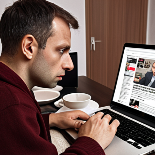 **A person critically evaluating online information on a laptop, surrounded by articles with sensational headlines, fact-checking tools, and sources being verified. The scene emphasizes skepticism and responsible media consumption, set in a cozy, modern Polish apartment.**