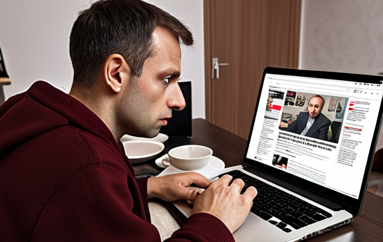 **A person critically evaluating online information on a laptop, surrounded by articles with sensational headlines, fact-checking tools, and sources being verified. The scene emphasizes skepticism and responsible media consumption, set in a cozy, modern Polish apartment.**