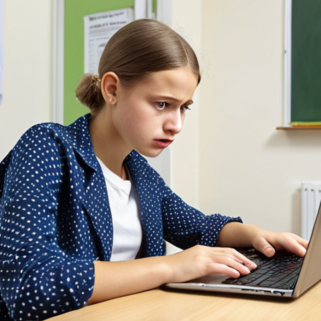 **A young Polish student using a laptop in a modern classroom, critically analyzing a news article about local events, skeptical expression, focus on source verification.**