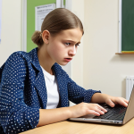 **A young Polish student using a laptop in a modern classroom, critically analyzing a news article about local events, skeptical expression, focus on source verification.**