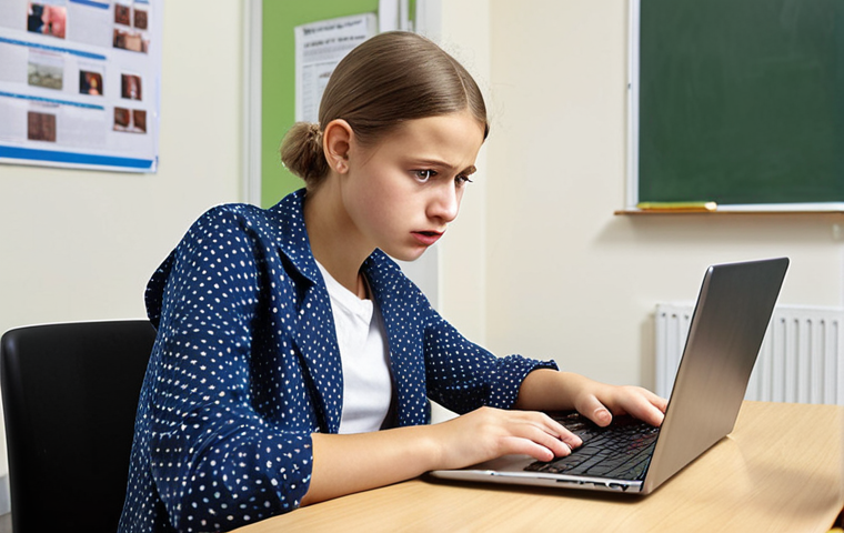 **A young Polish student using a laptop in a modern classroom, critically analyzing a news article about local events, skeptical expression, focus on source verification.**